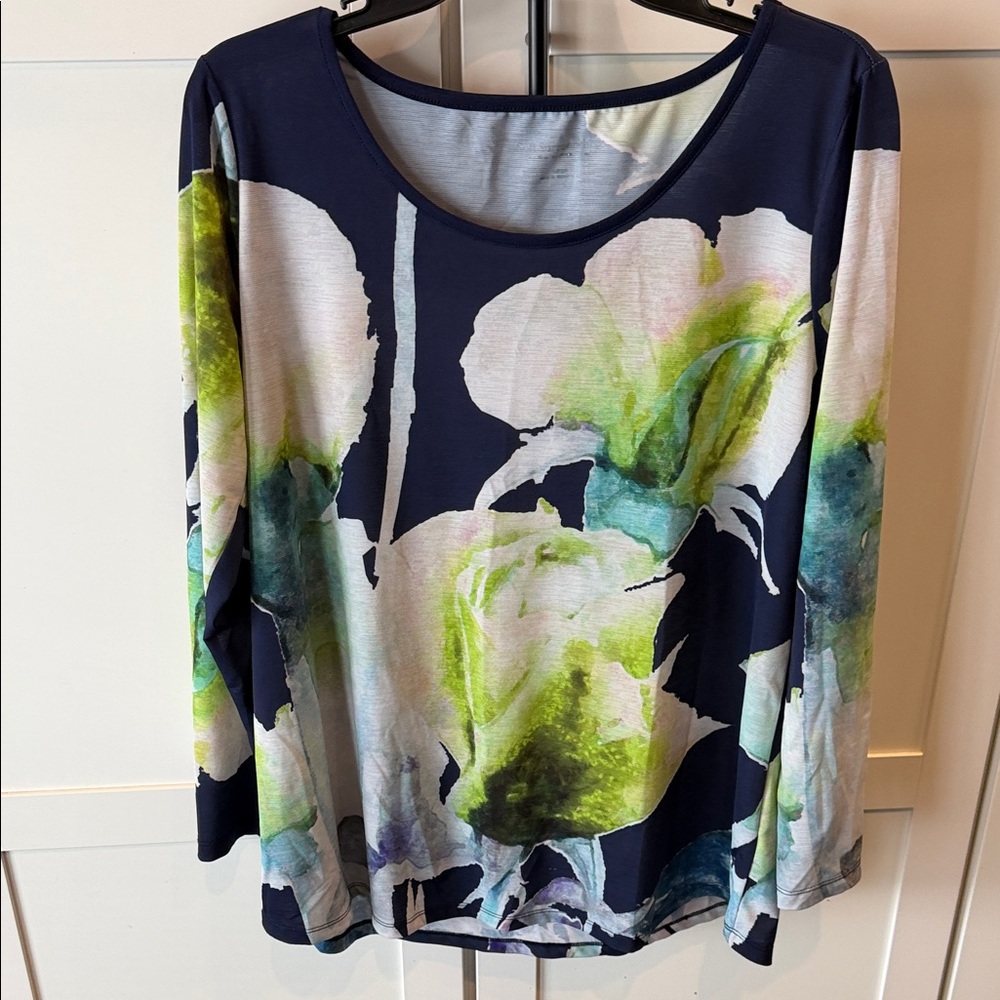 Soft Surroundings Navy Long-Sleeve Floral Watercolor Top